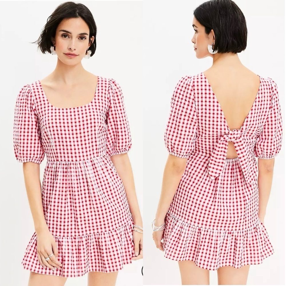 LOFT Womens Gingham Tieback Flounce Swing Dress Sz 4 Red White Short Sleeve NWT